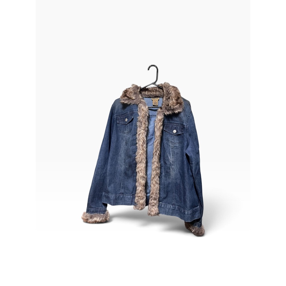 Vintage Midnight Velvet Womens Blue Denim Jacket Faux Fur Trim Medium Wash Large